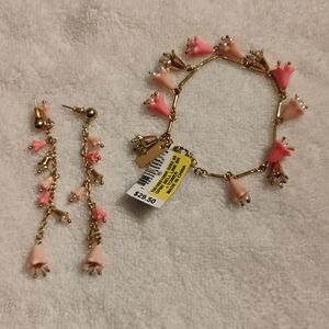 Gold-Tone Pink Floral Charm Bracelet & Drop Earrings Set